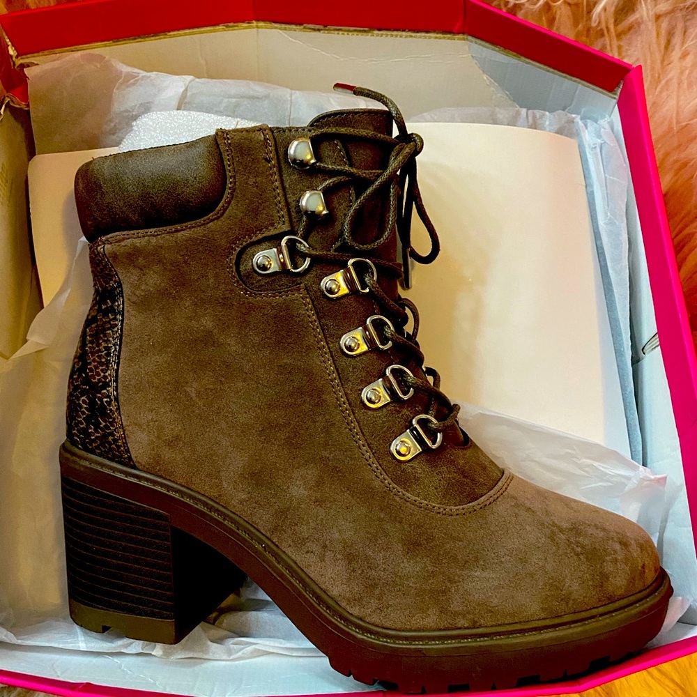 Brown heeled booties.